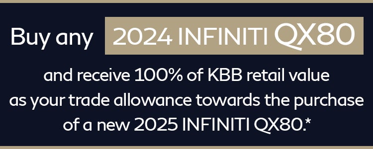buy any 2024 INFINITI QX80 and receive 100% of KBB retail value as your trade allowance towards the purchase of a new 2025 INFINITI QX80